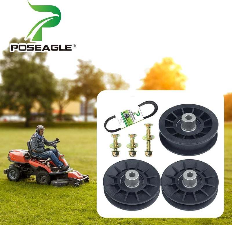 POSEAGLE 2 Pack 532194326 V-Groove Idler Pulley with 532194327 Flat Idler Pulley 592855201 Belt 1/2x93 and Hardware Kit for Husqvarna YTH22v46 YTH24v48 YTH20k46 YTH2348 YTH1542xp LGT2654 Ride Mowers - Image 2